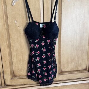 Black Floral Chemise with Lace Accents